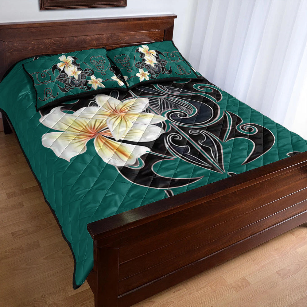 Hawaii Quilt Bed Set Turtle Poly Trinal Plumeria Turquoise