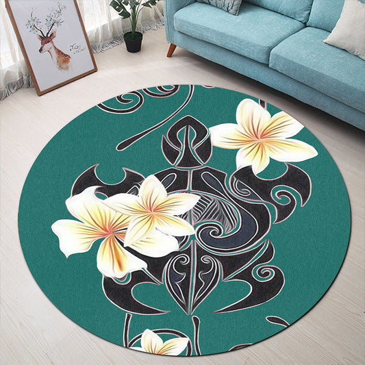 Hawaii Round Rug Turtle Poly Trinal Plumeria Turquoise