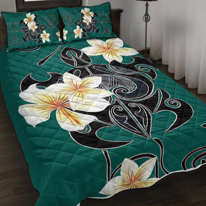 Hawaii Quilt Bed Set Turtle Poly Trinal Plumeria Turquoise