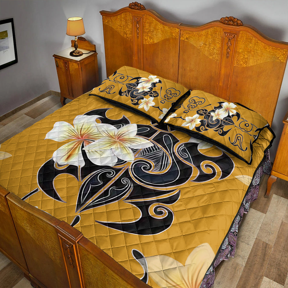 Hawaii Quilt Bed Set Turtle Poly Trinal Plumeria Yellow
