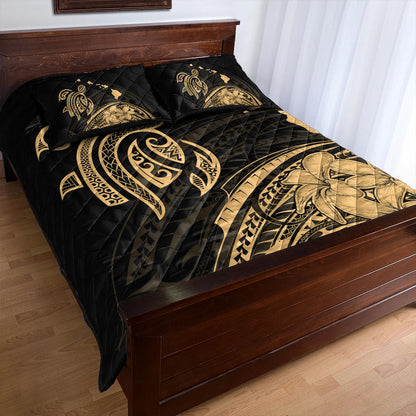 Hawaii Quilt Bed Set Turtle Polynesian Map Plumeria Gold