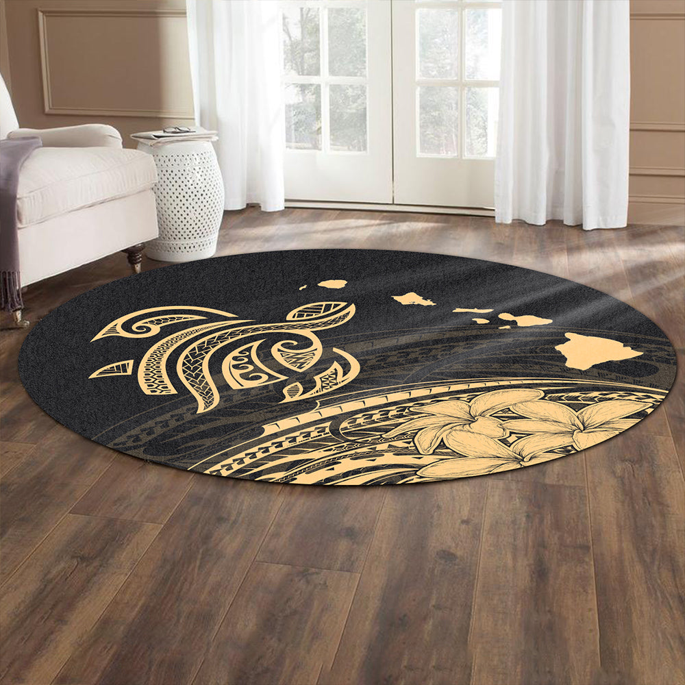 Hawaii Round Rug Turtle Polynesian Map Plumeria Gold