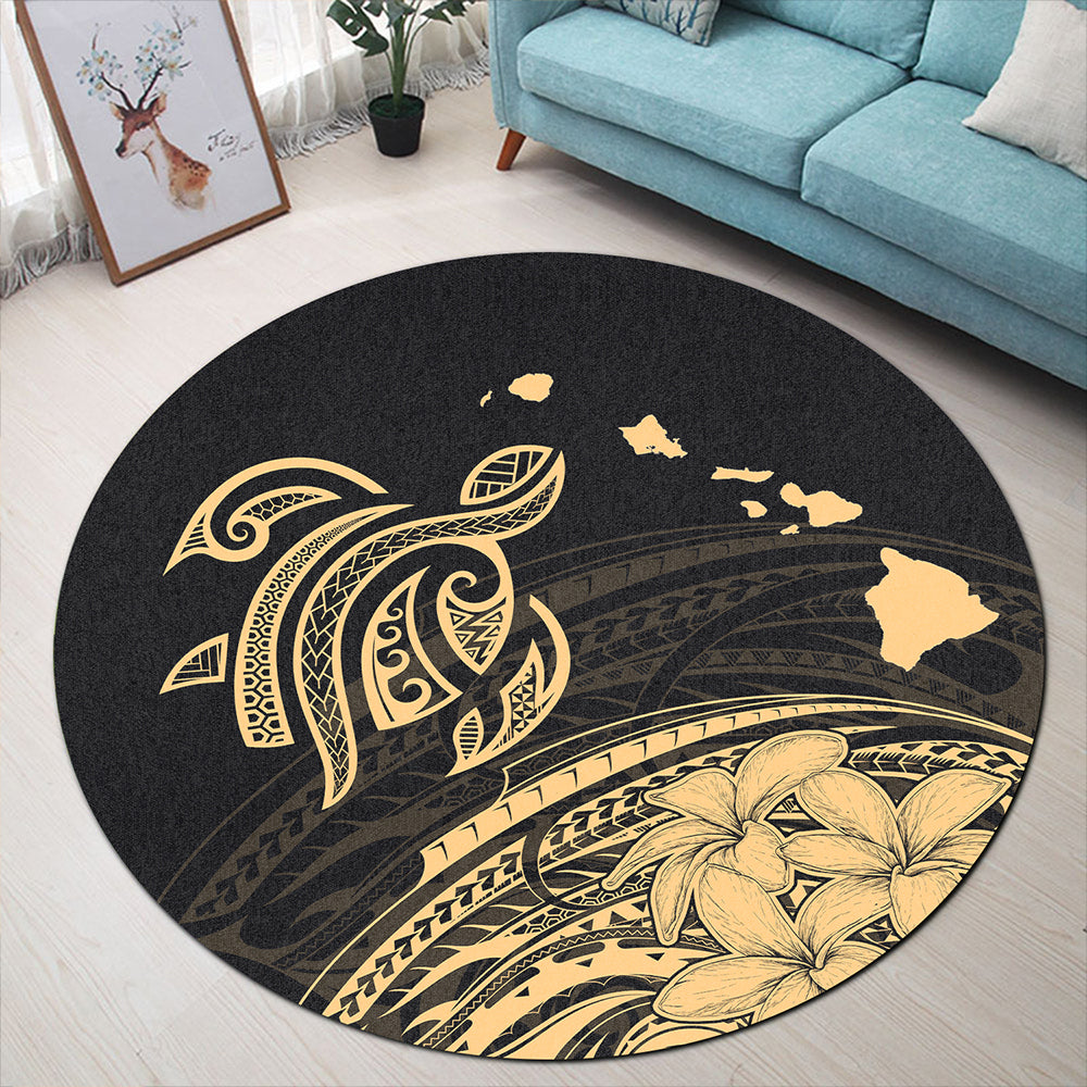 Hawaii Round Rug Turtle Polynesian Map Plumeria Gold