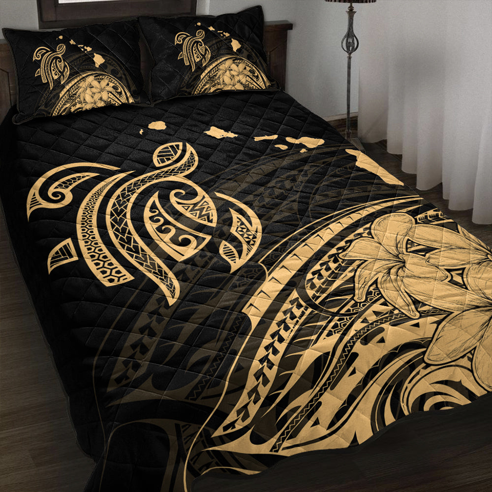 Hawaii Quilt Bed Set Turtle Polynesian Map Plumeria Gold