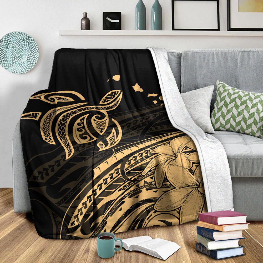 Hawaii Premium Blanket Turtle Polynesian Map Plumeria Gold