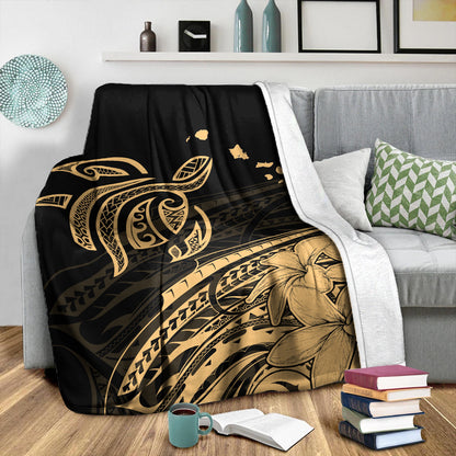 Hawaii Premium Blanket Turtle Polynesian Map Plumeria Gold