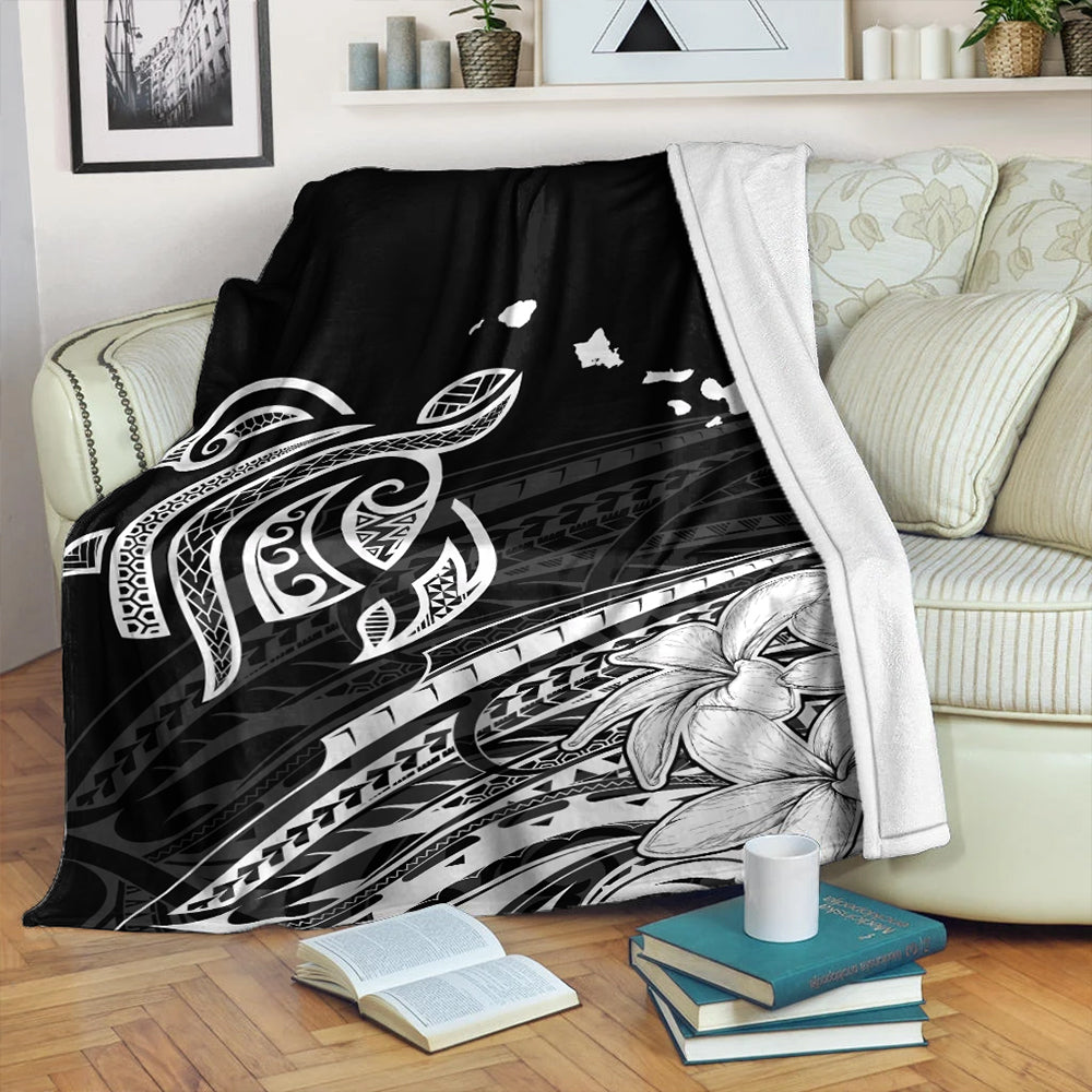 Hawaii Premium Blanket Turtle Polynesian Map Plumeria White