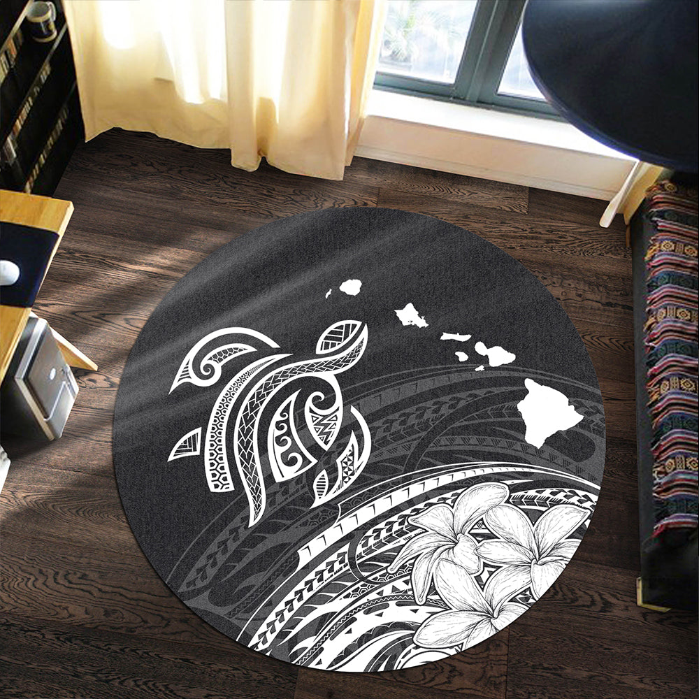 Hawaii Round Rug Turtle Polynesian Map Plumeria White