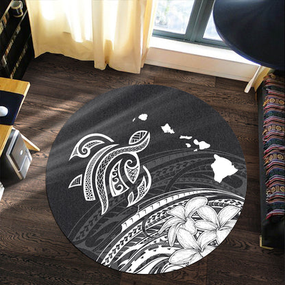 Hawaii Round Rug Turtle Polynesian Map Plumeria White