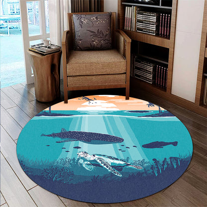 Hawaii Round Rug Whale And Turtle In Sunset Polynesian