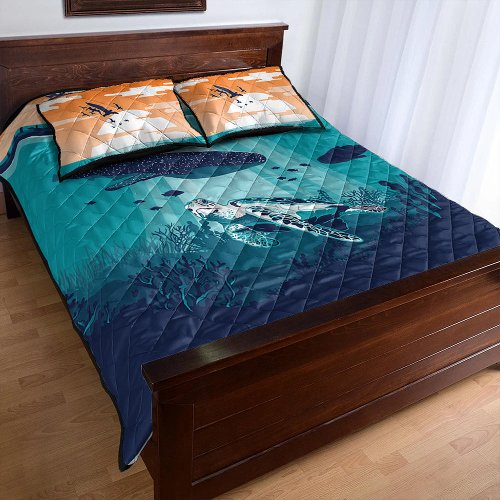 Hawaii Quilt Bed Set Whale And Turtle In Sunset Polynesian