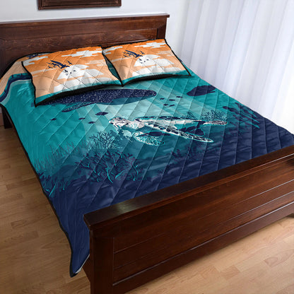 Hawaii Quilt Bed Set Whale And Turtle In Sunset Polynesian