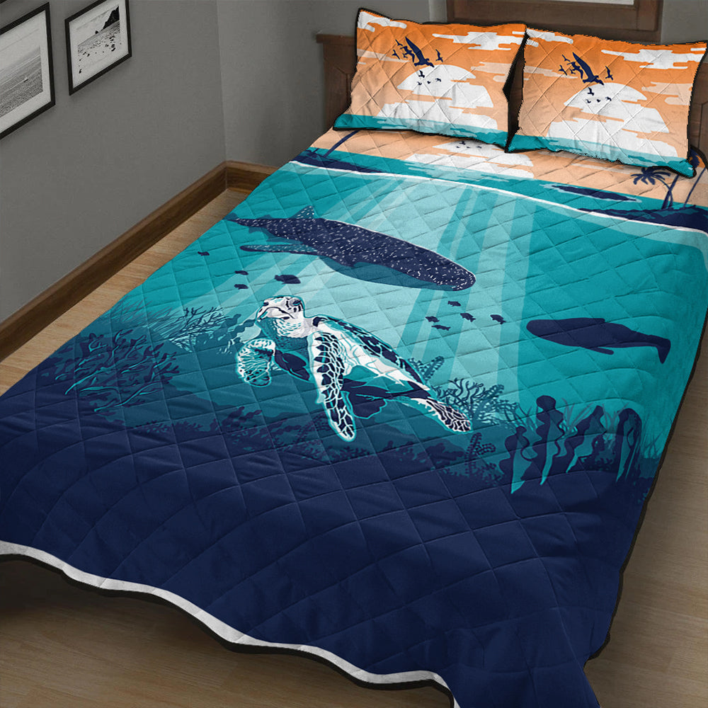 Hawaii Quilt Bed Set Whale And Turtle In Sunset Polynesian