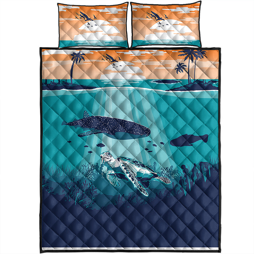 Hawaii Quilt Bed Set Whale And Turtle In Sunset Polynesian
