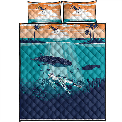 Hawaii Quilt Bed Set Whale And Turtle In Sunset Polynesian