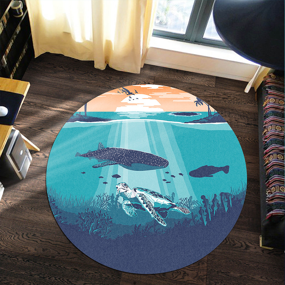 Hawaii Round Rug Whale And Turtle In Sunset Polynesian
