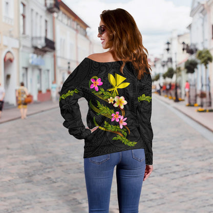 Hawaii Off Shoulder Sweatshirt Custom Plumeria Tribal