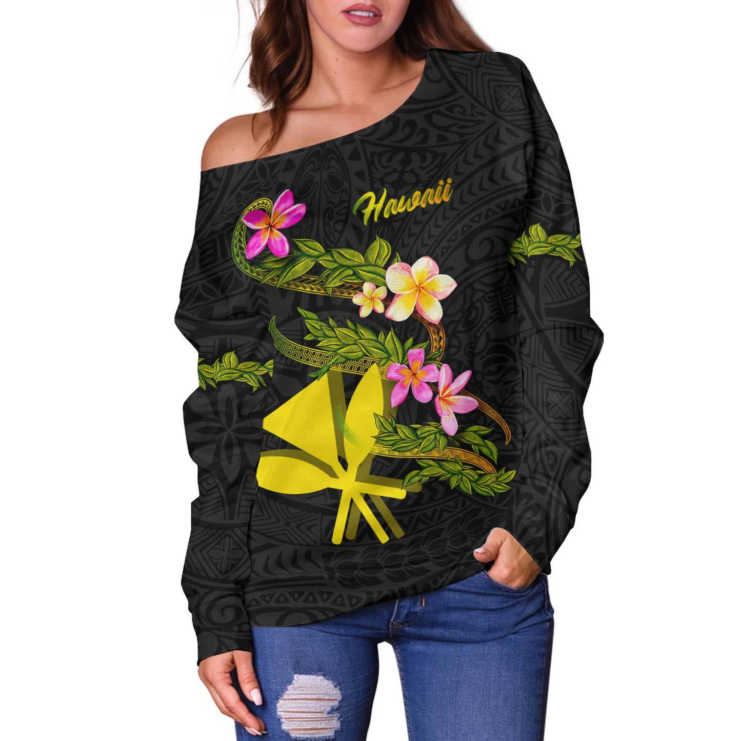 Hawaii Off Shoulder Sweatshirt Custom Plumeria Tribal