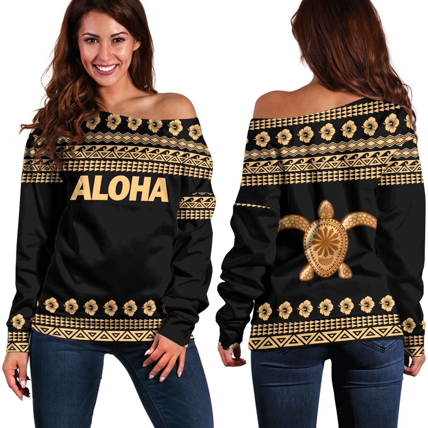 Hawaii Custom Personalised Off Shoulder Sweatshirt Aloha Turtle With Traditional Hawaiian