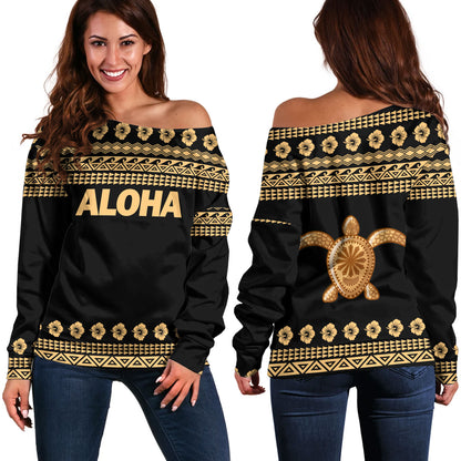 Hawaii Custom Personalised Off Shoulder Sweatshirt Aloha Turtle With Traditional Hawaiian