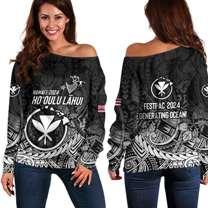 Hawaii Off Shoulder Sweatshirt FestPAC 2024 Polynesian Pattern Design