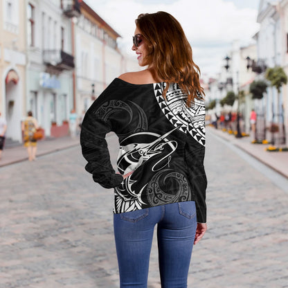 Hawaii Off Shoulder Sweatshirt Go Fishing Polynesian Tribal Patterns