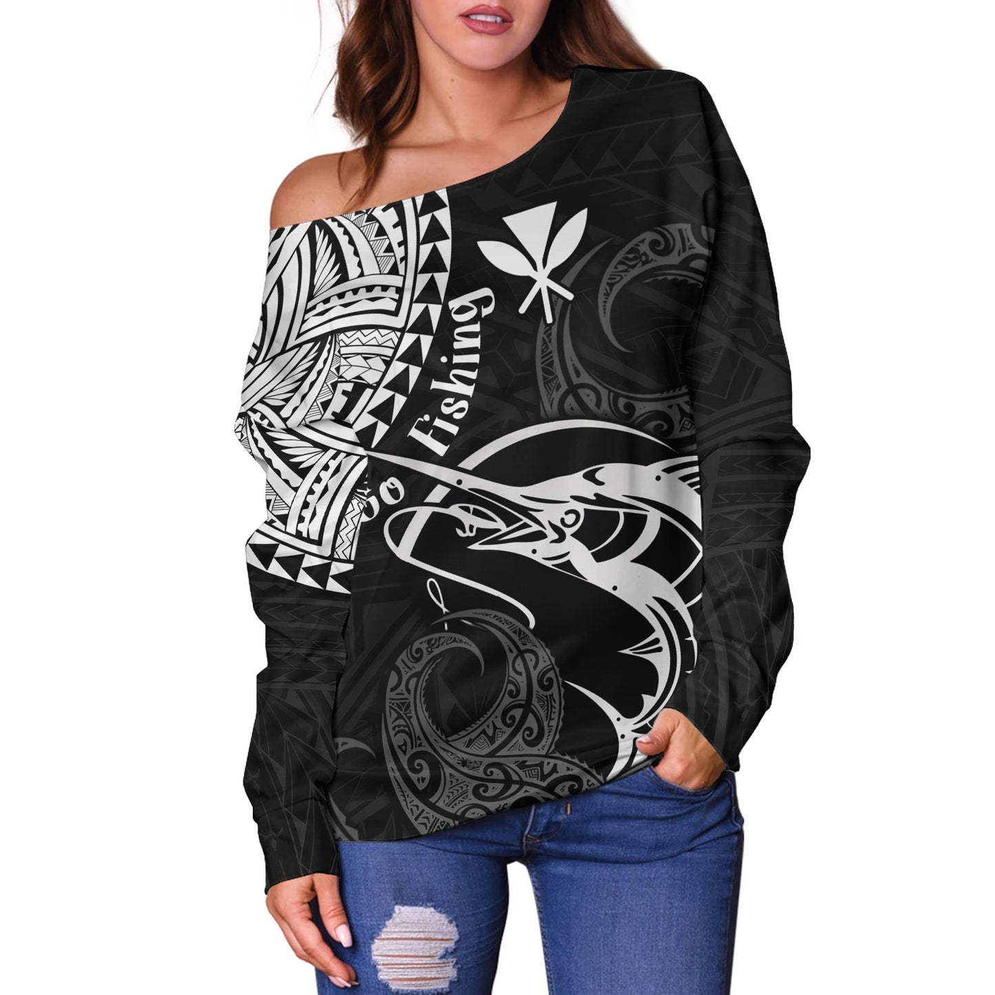 Hawaii Off Shoulder Sweatshirt Go Fishing Polynesian Tribal Patterns