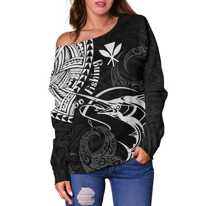 Hawaii Off Shoulder Sweatshirt Go Fishing Polynesian Tribal Patterns