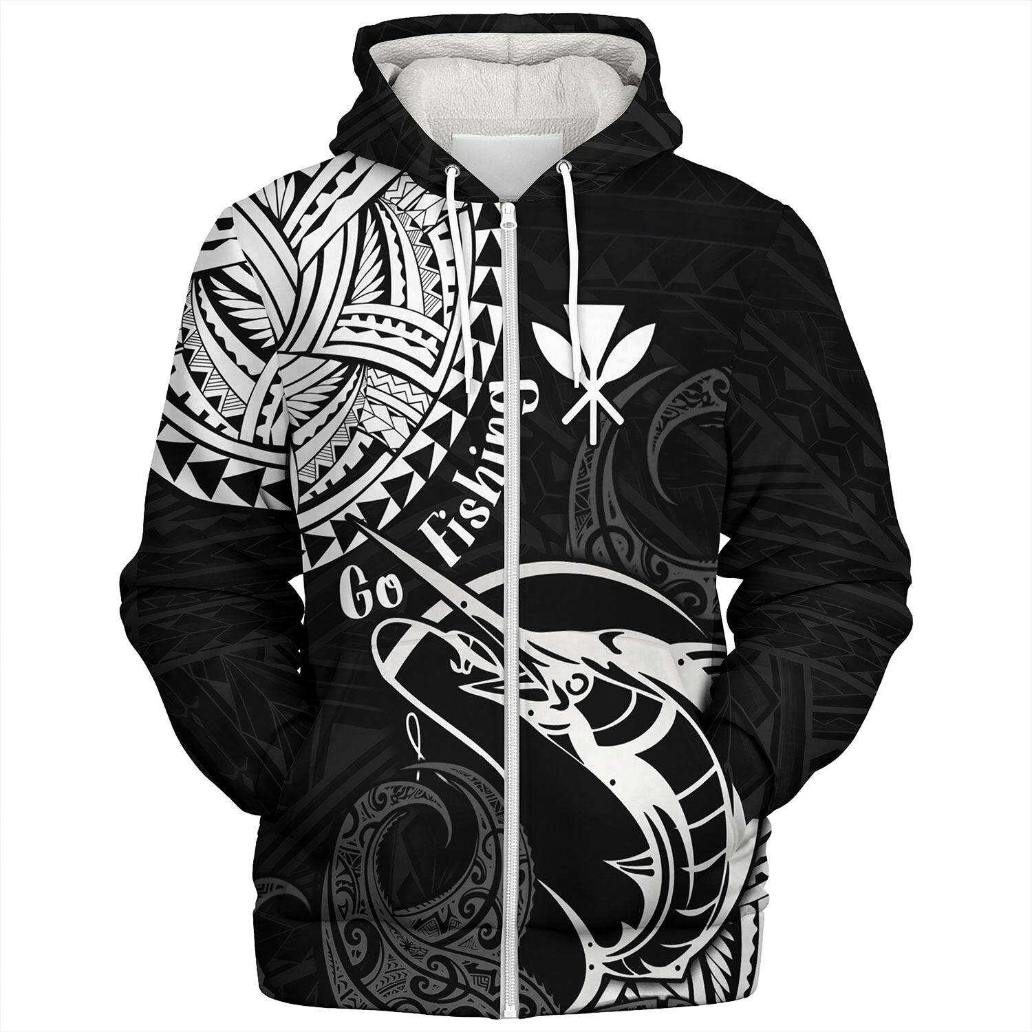 Hawaii Sherpa Hoodie Go Fishing Polynesian Tribal Patterns