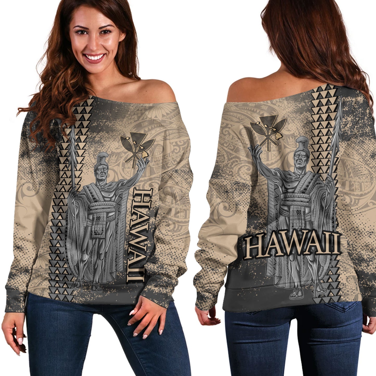 Hawaii Custom Personalised Off Shoulder Sweatshirt Hawaii King Grunge With Halftone Background