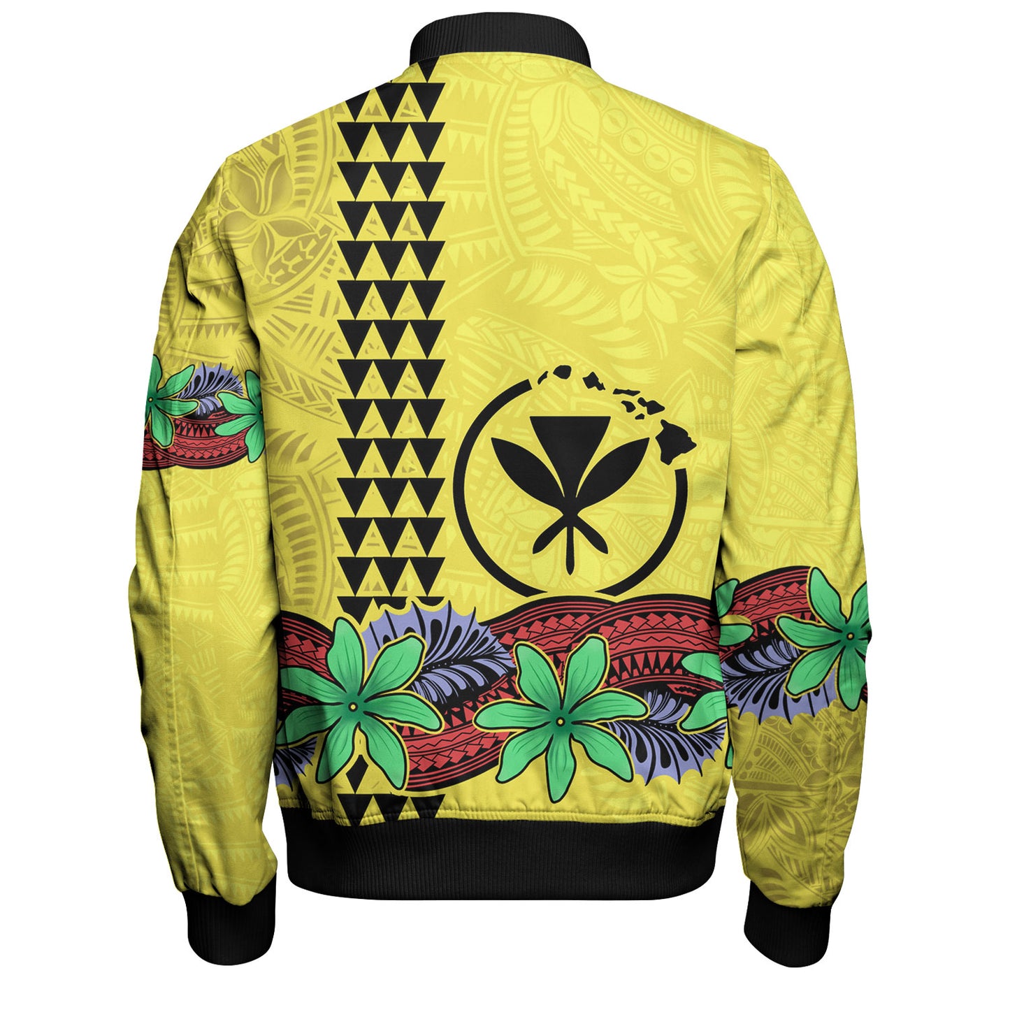 Hawaii Bomber Jacket Kanaka Maoli Map Seal Tropical Flowers Yellow Color