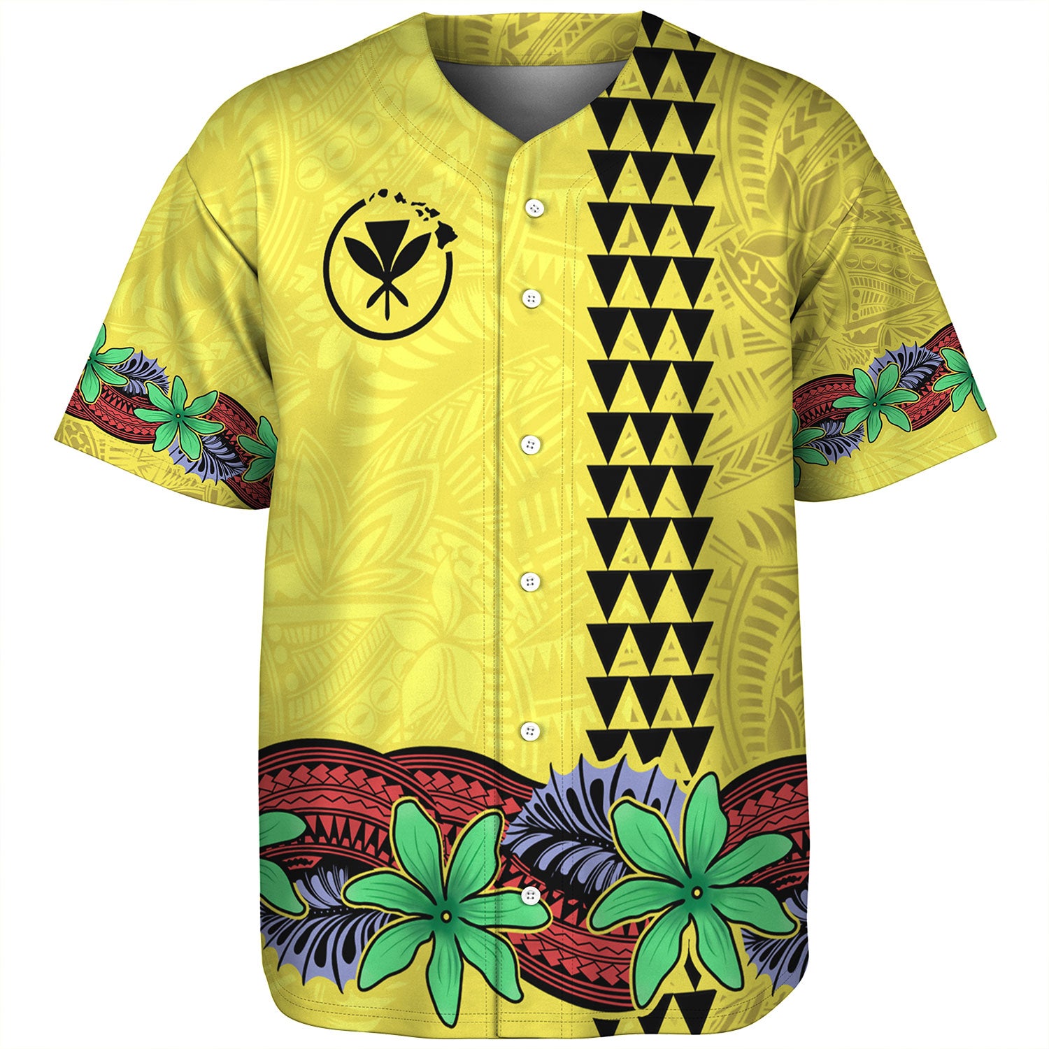 Hawaii Baseball Shirt Kanaka Maoli Map Seal Tropical Flowers Yellow Color