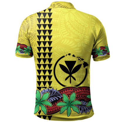 Hawaii Polo Shirt Kanaka Maoli Map Seal Tropical Flowers Yellow Color