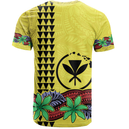 Hawaii T-Shirt Kanaka Maoli Map Seal Tropical Flowers Yellow Color