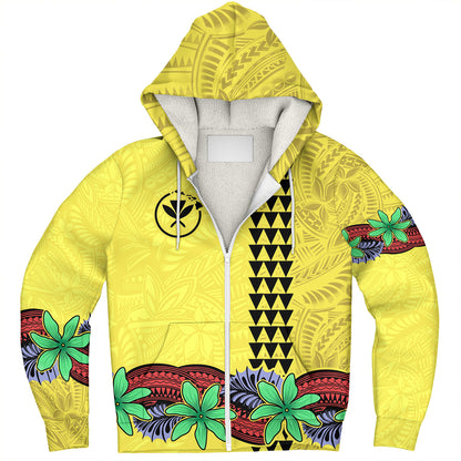 Hawaii Sherpa Hoodie Kanaka Maoli Map Seal Tropical Flowers Yellow Color