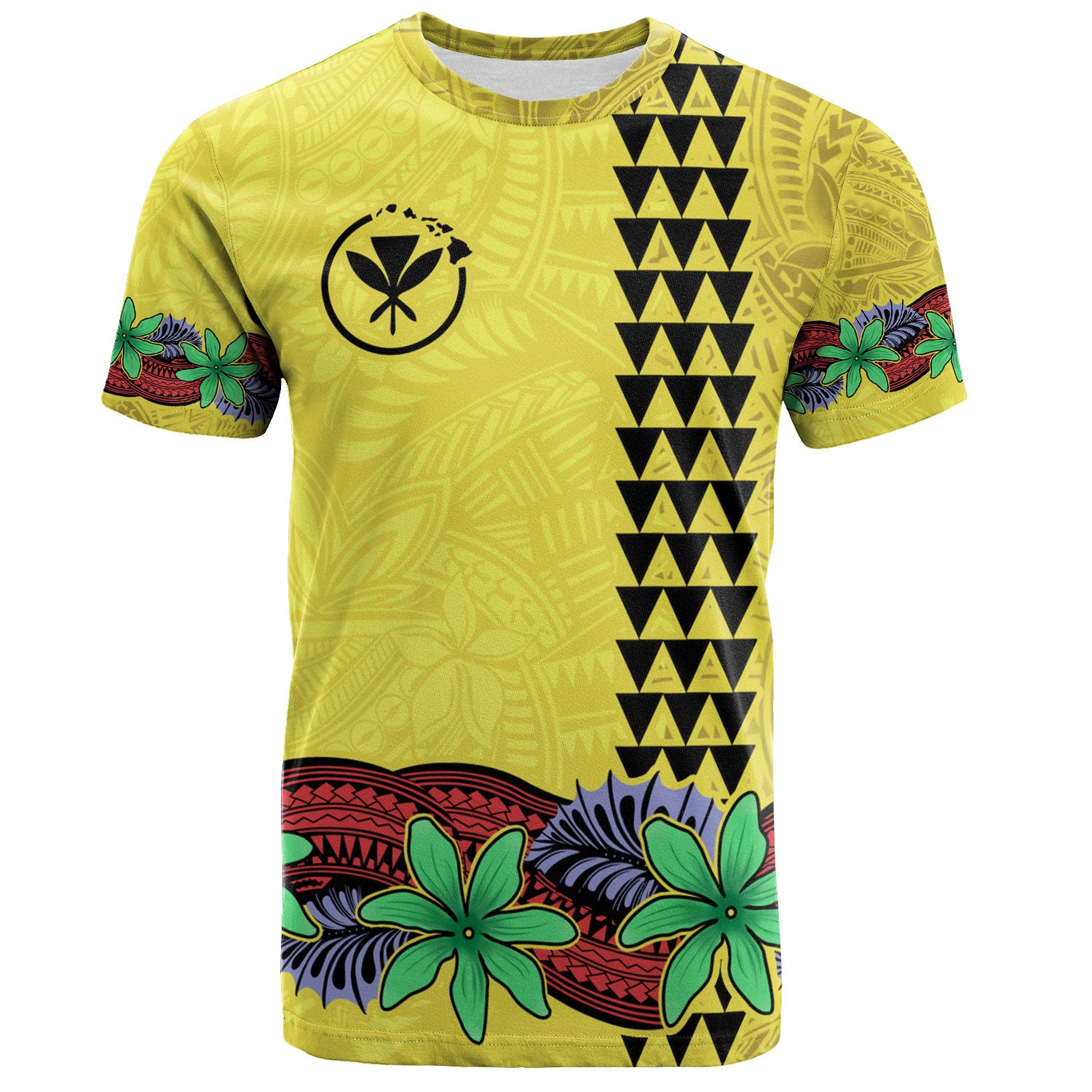 Hawaii T-Shirt Kanaka Maoli Map Seal Tropical Flowers Yellow Color