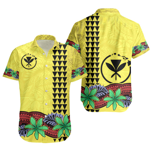 Hawaii Short Sleeve Shirt Kanaka Maoli Map Seal Tropical Flowers Yellow Color