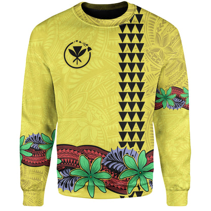 Hawaii Sweatshirt Kanaka Maoli Map Seal Tropical Flowers Yellow Color