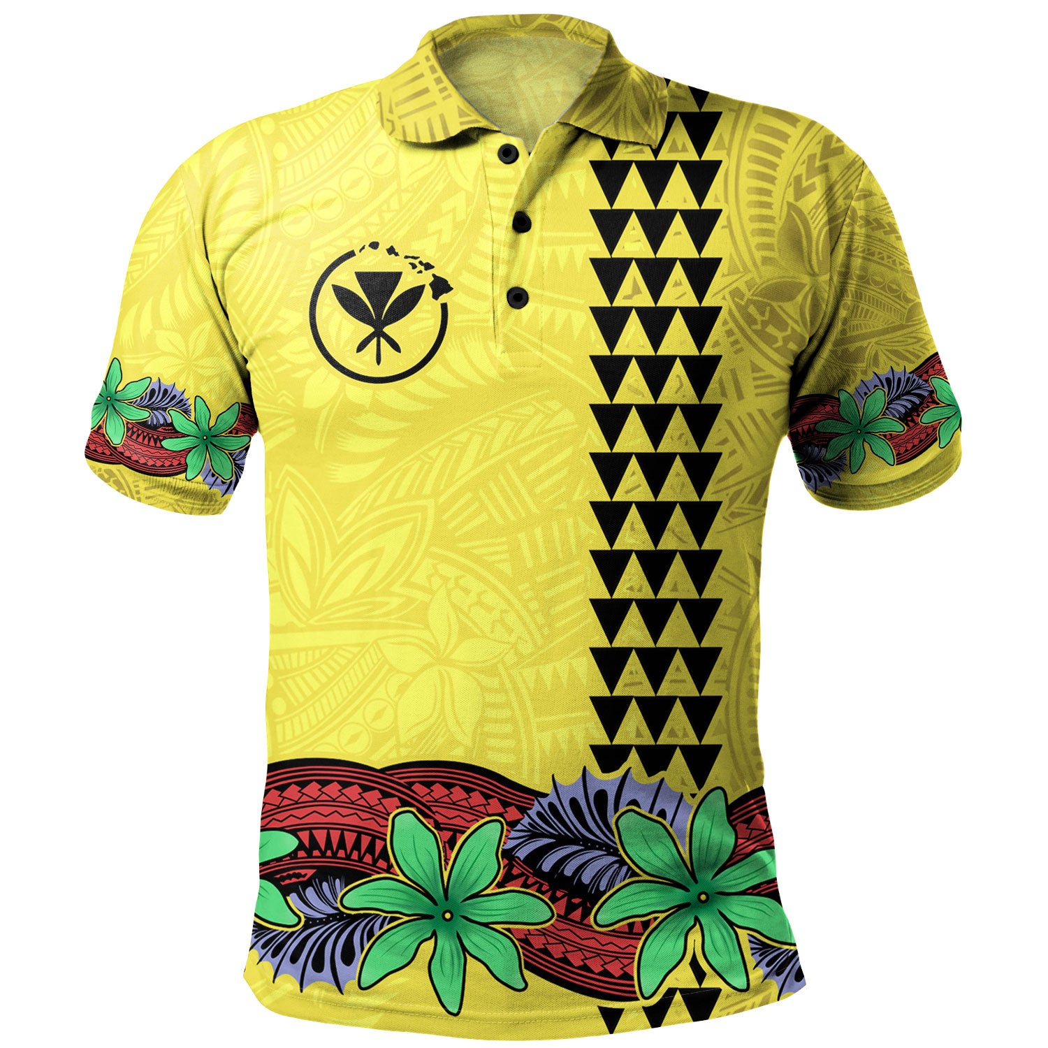 Hawaii Polo Shirt Kanaka Maoli Map Seal Tropical Flowers Yellow Color