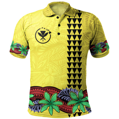 Hawaii Polo Shirt Kanaka Maoli Map Seal Tropical Flowers Yellow Color