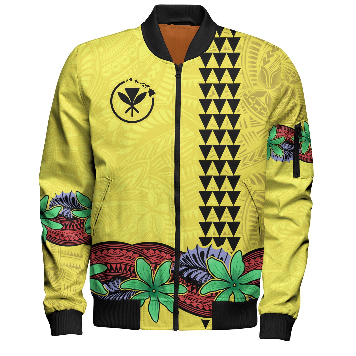 Hawaii Bomber Jacket Kanaka Maoli Map Seal Tropical Flowers Yellow Color