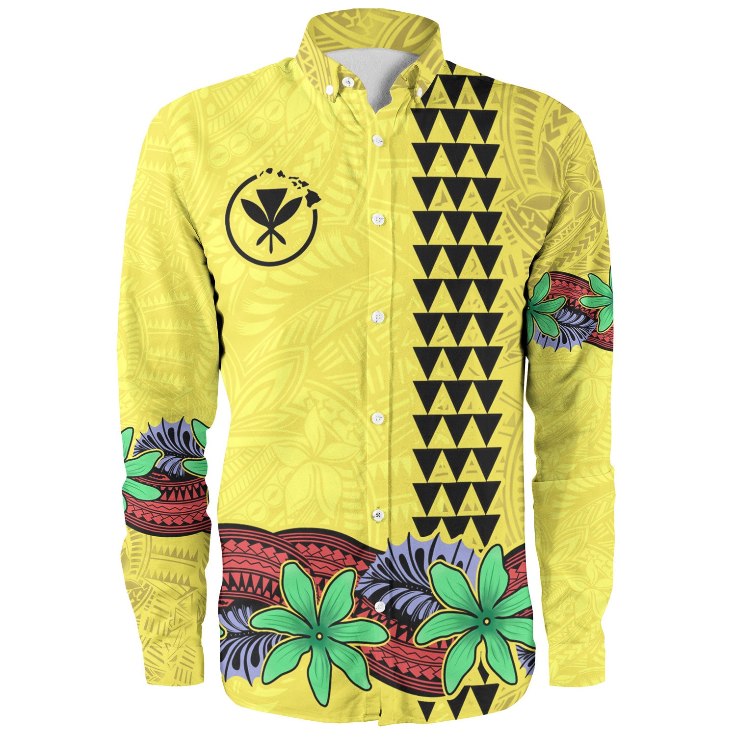 Hawaii Long Sleeve Shirt Kanaka Maoli Map Seal Tropical Flowers Yellow Color