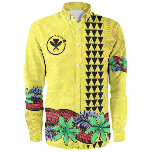 Hawaii Long Sleeve Shirt Kanaka Maoli Map Seal Tropical Flowers Yellow Color