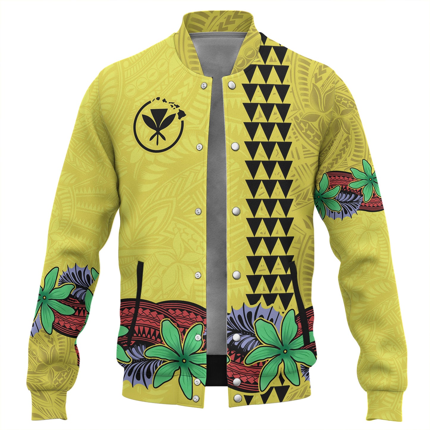 Hawaii Baseball Jacket Kanaka Maoli Map Seal Tropical Flowers Yellow Color