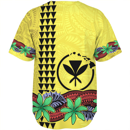 Hawaii Baseball Shirt Kanaka Maoli Map Seal Tropical Flowers Yellow Color