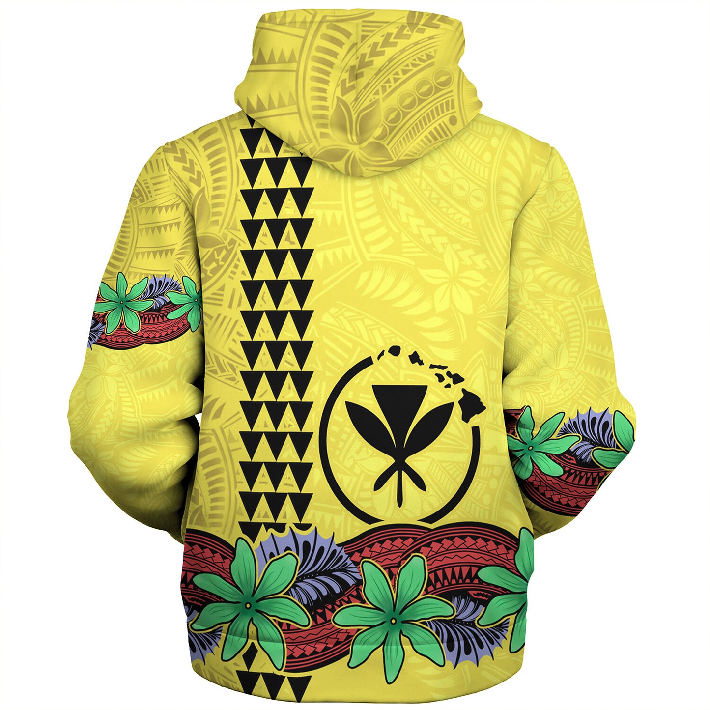 Hawaii Sherpa Hoodie Kanaka Maoli Map Seal Tropical Flowers Yellow Color
