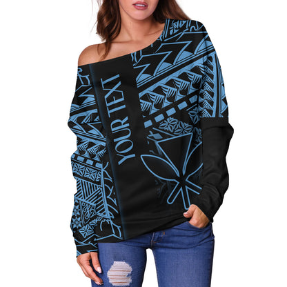 Hawaii Off Shoulder Sweatshirt Custom Kanaka Maoli Hawaiian Blue Tribal Pattern