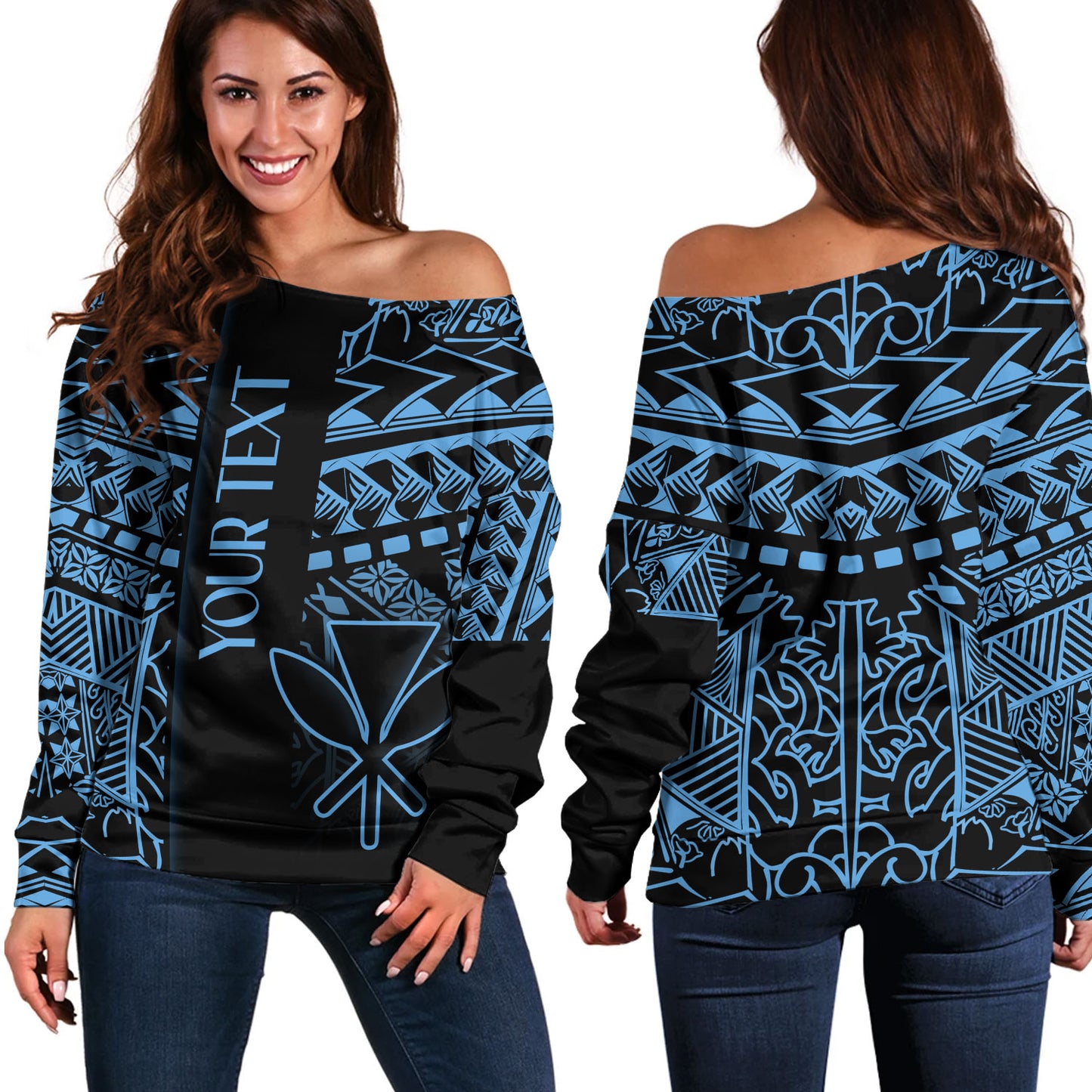 Hawaii Off Shoulder Sweatshirt Custom Kanaka Maoli Hawaiian Blue Tribal Pattern