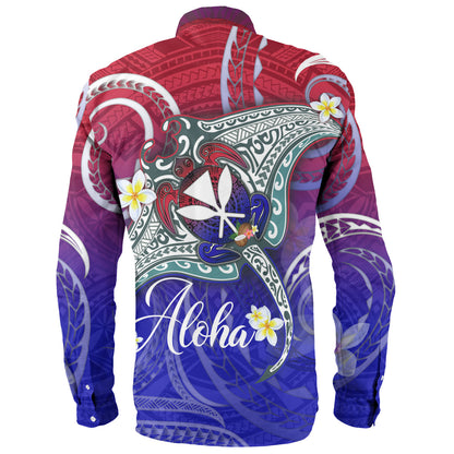 Hawaii Custom Personalised Long Sleeve Shirt Kanaka Maoli Manta Ray With Turtle Plumeria Mixed Polynesian Style