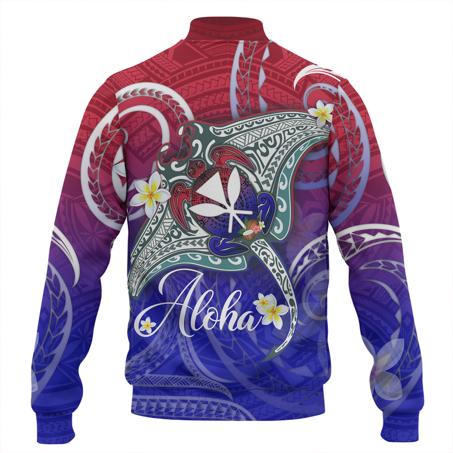 Hawaii Custom Personalised Baseball Jacket Kanaka Maoli Manta Ray With Turtle Plumeria Mixed Polynesian Style